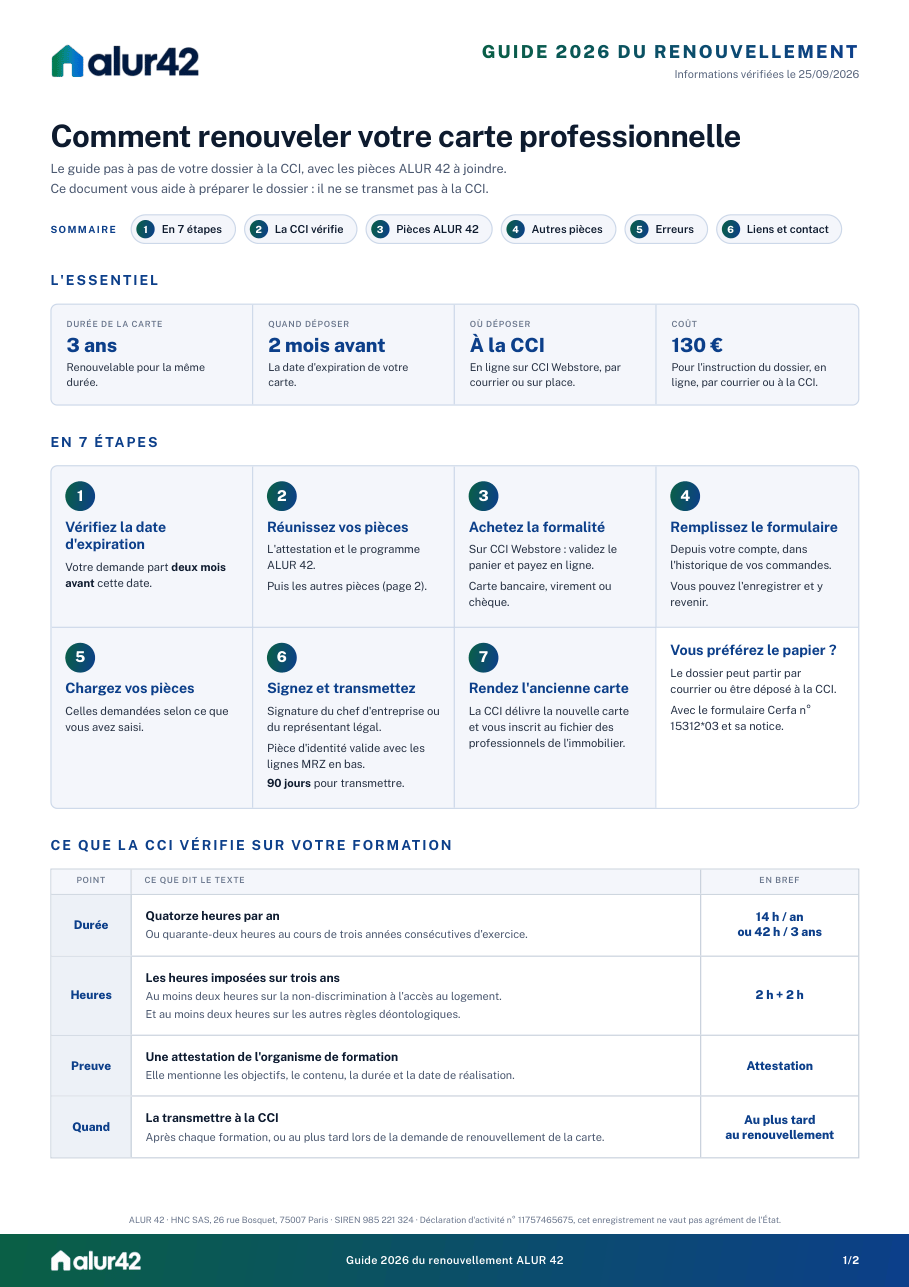 Première page du guide 2026 du renouvellement de la carte professionnelle