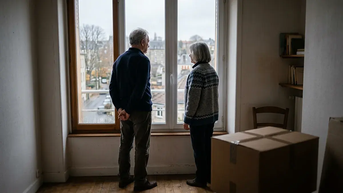 Couple âgé regardant par la fenêtre d'un salon, cartons posés au sol