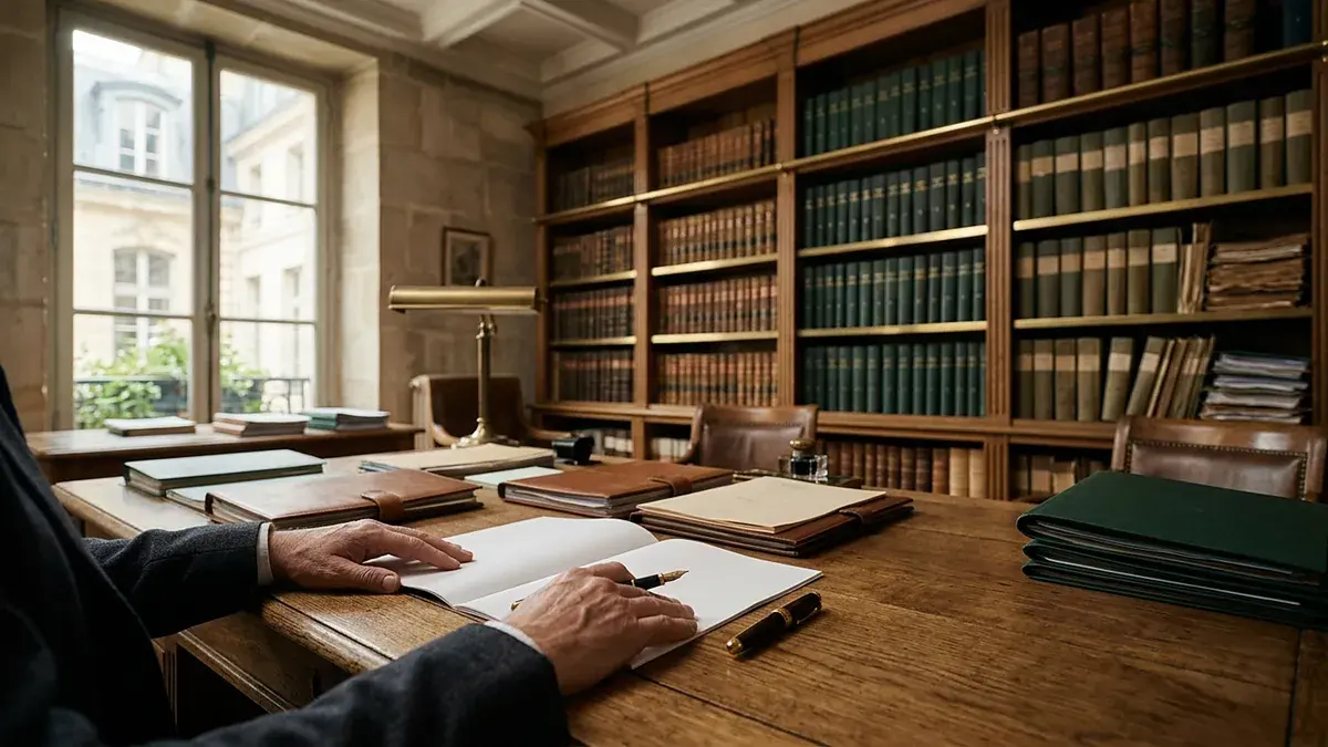 Mains sur un acte posé sur un bureau, dans une étude à bibliothèque
