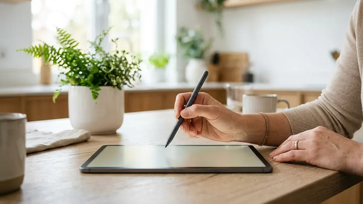 Main signant sur une tablette avec un stylet, sur une table de cuisine