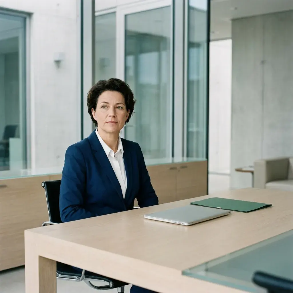 Femme en tailleur assise à un bureau dans un espace de travail clair