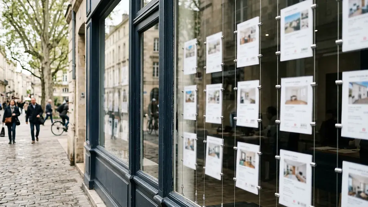 Vitrine d'agence immobilière avec annonces suspendues, rue pavée en arrière-plan