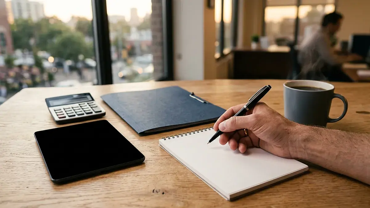 Main écrivant dans un carnet près d'une calculatrice et d'une tablette