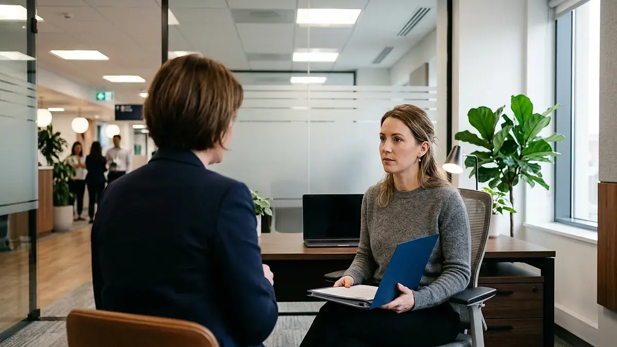 Rendez-vous entre deux femmes dans un bureau de banque, un dossier sur les genoux