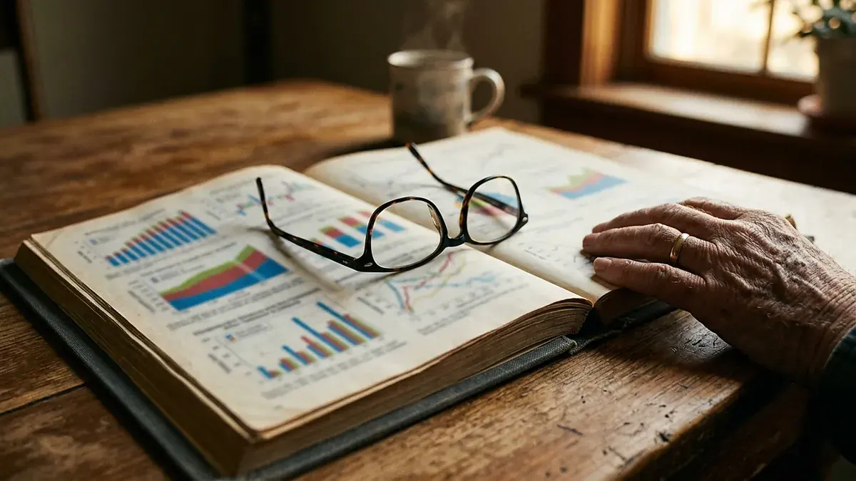 Rapport ouvert sur des graphiques, lunettes posées dessus, main âgée sur la page