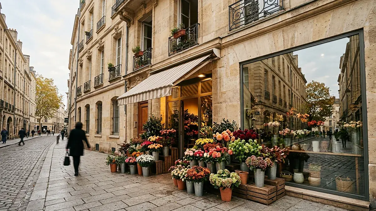 Devanture d'un fleuriste au rez-de-chaussée d'un immeuble ancien, dans une rue piétonne