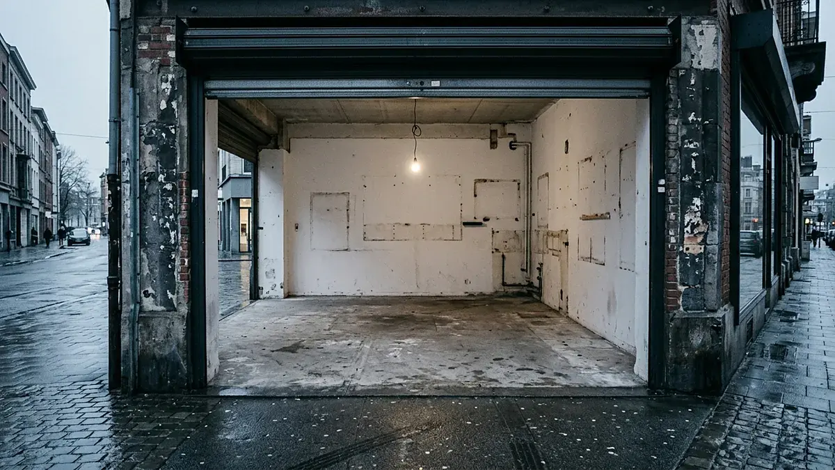 Local commercial vide derrière un rideau métallique relevé, rue pavée mouillée