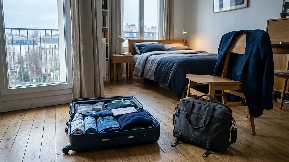 Valise ouverte sur le lit d'une chambre meublée, veste posée sur une chaise