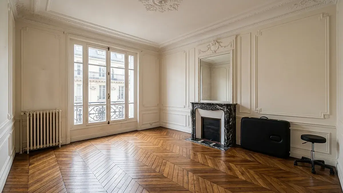 Bureau vide dans un appartement haussmannien, parquet et cheminée