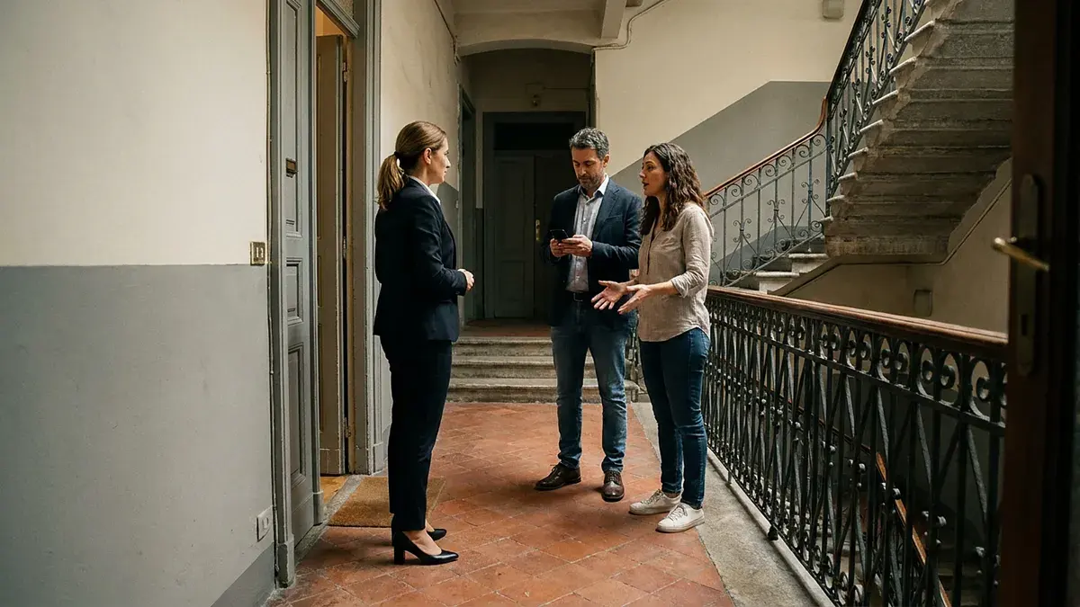 Trois personnes en discussion dans la cage d'escalier d'un immeuble ancien