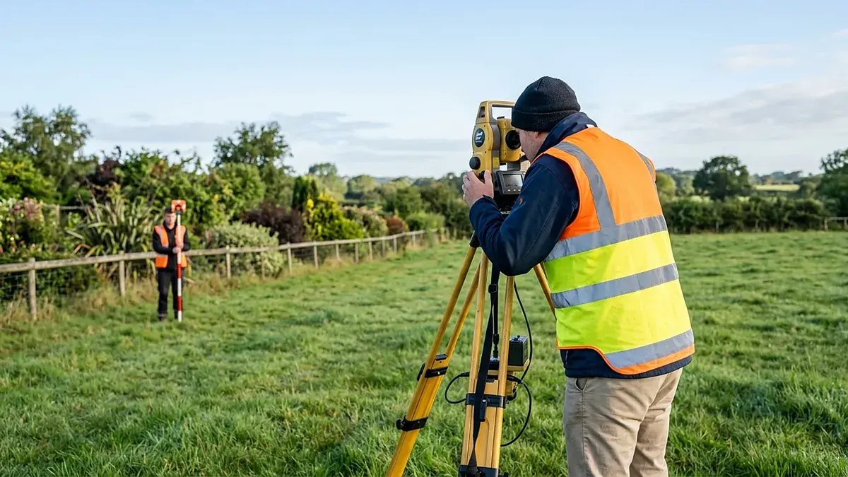 Géomètre en gilet de sécurité réglant un appareil de mesure sur un terrain