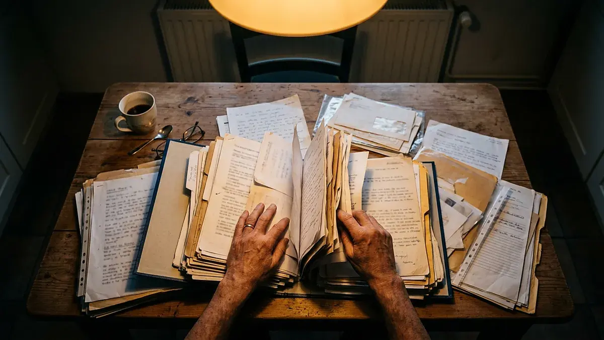 Mains posées sur une pile de papiers et de factures sous une lampe