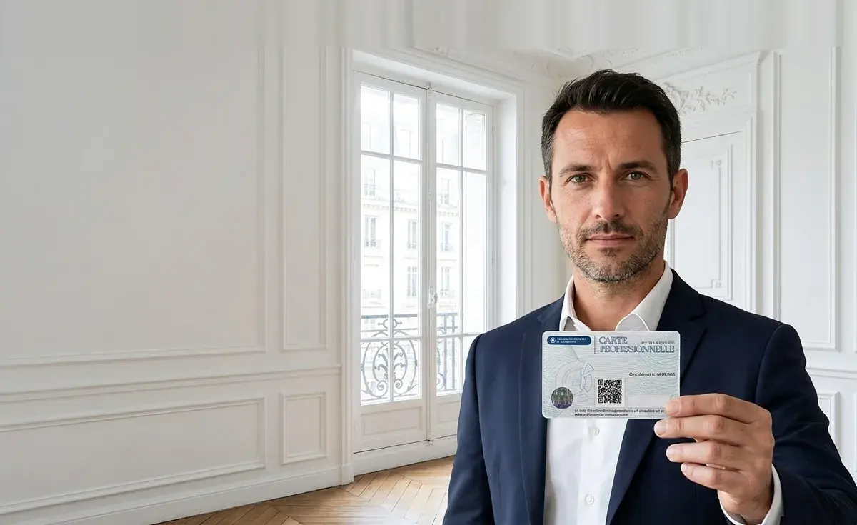 Agent immobilier présentant sa carte professionnelle dans un appartement ancien vide