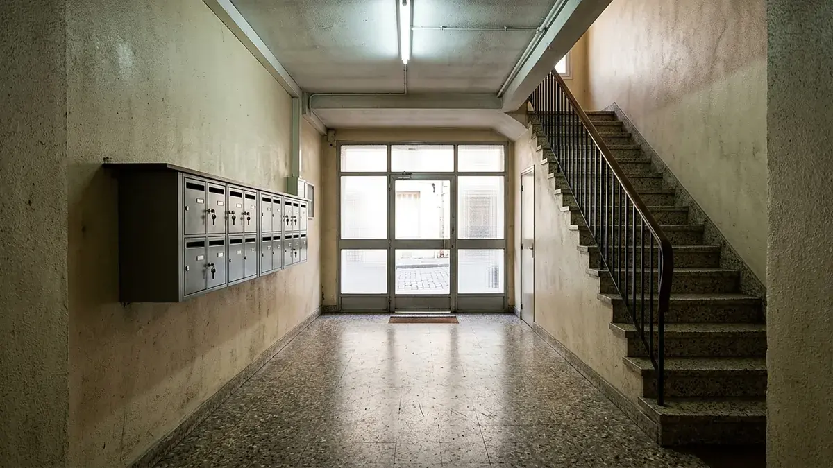 Hall d'immeuble collectif avec boîtes aux lettres et escalier