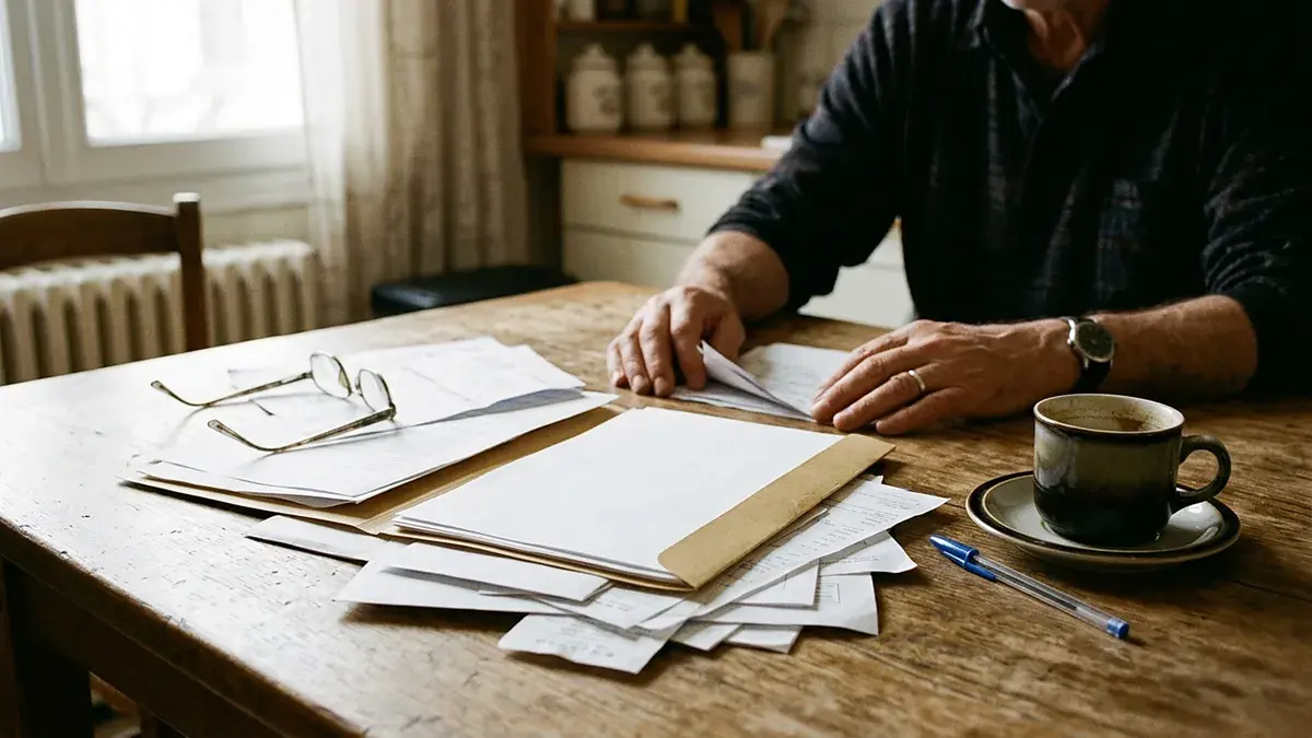 Homme triant des factures sur une table de cuisine