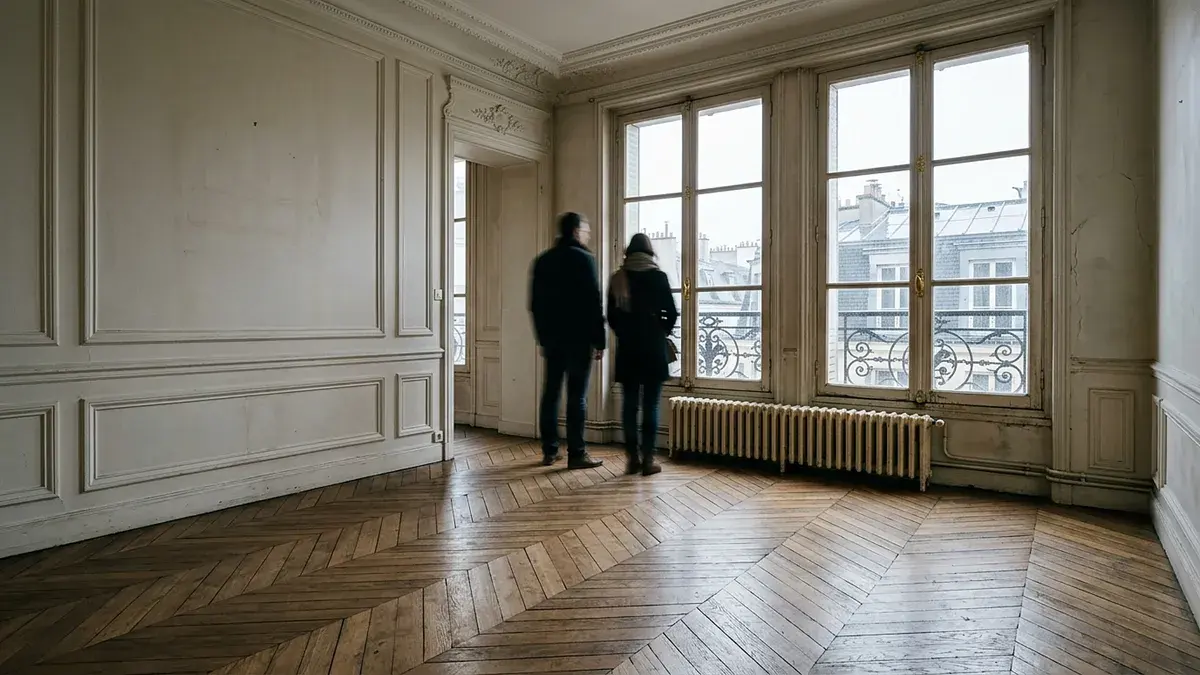 Deux personnes visitant un grand appartement ancien vide, lumière d'hiver