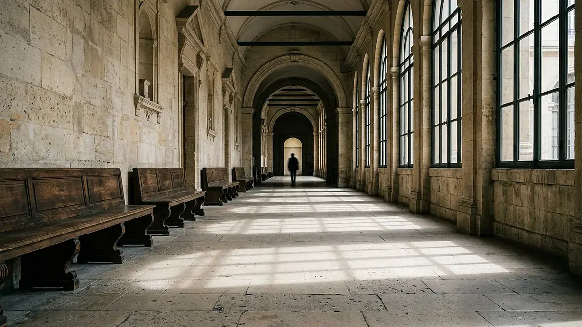 Long couloir voûté d'un palais de justice en lumière rasante