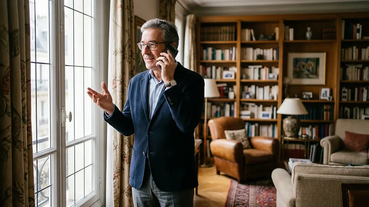 Propriétaire au téléphone, debout dans un salon bibliothèque
