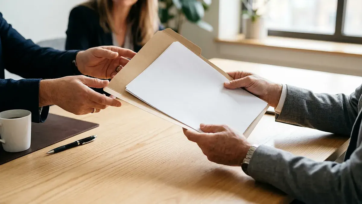 Document remis d'une main à l'autre au-dessus d'une table