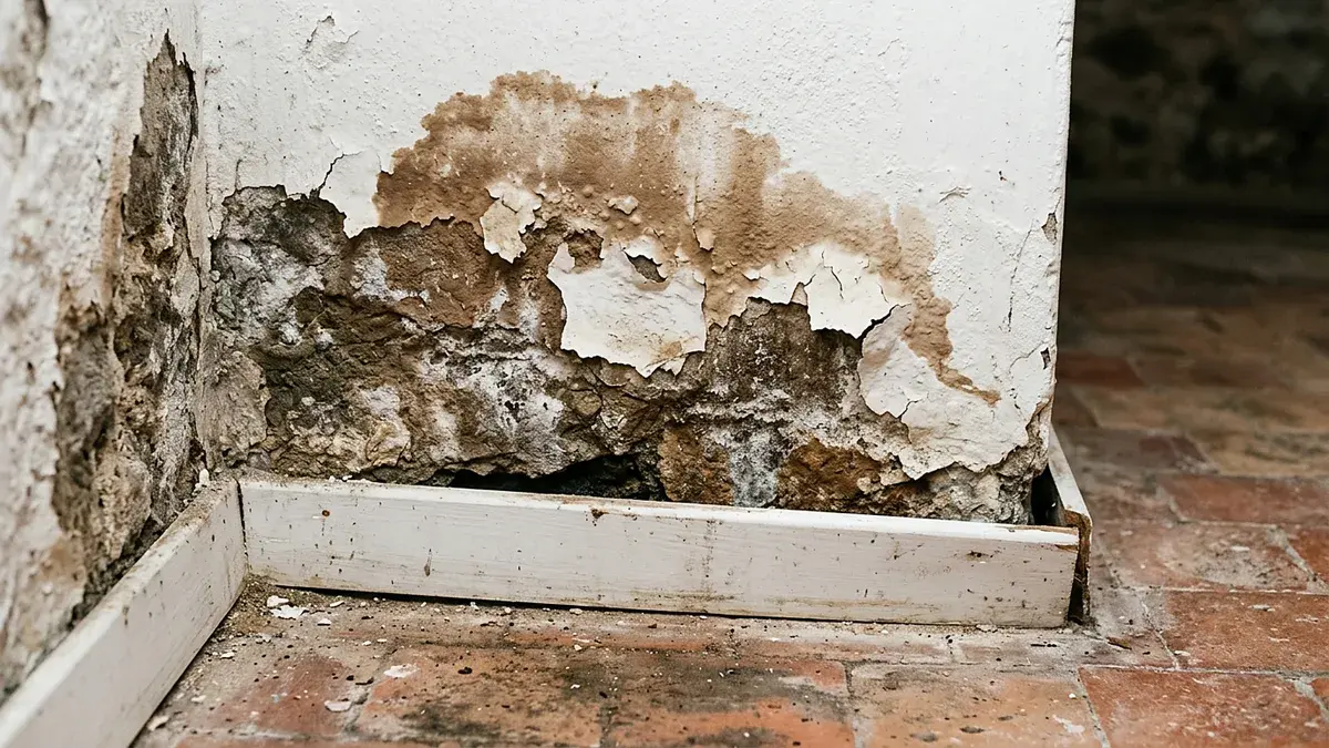 Bas de mur à la peinture écaillée et tachée d'humidité au-dessus d'une plinthe