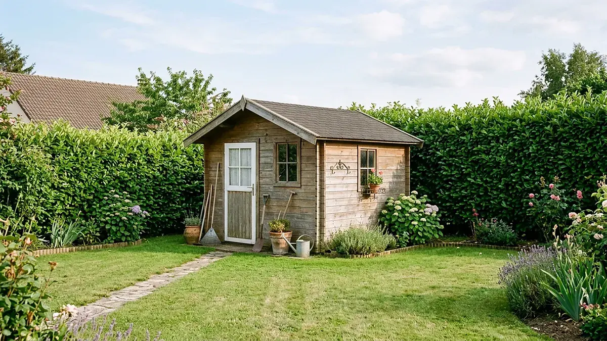 Abri de jardin en bois sur une pelouse entourée de haies