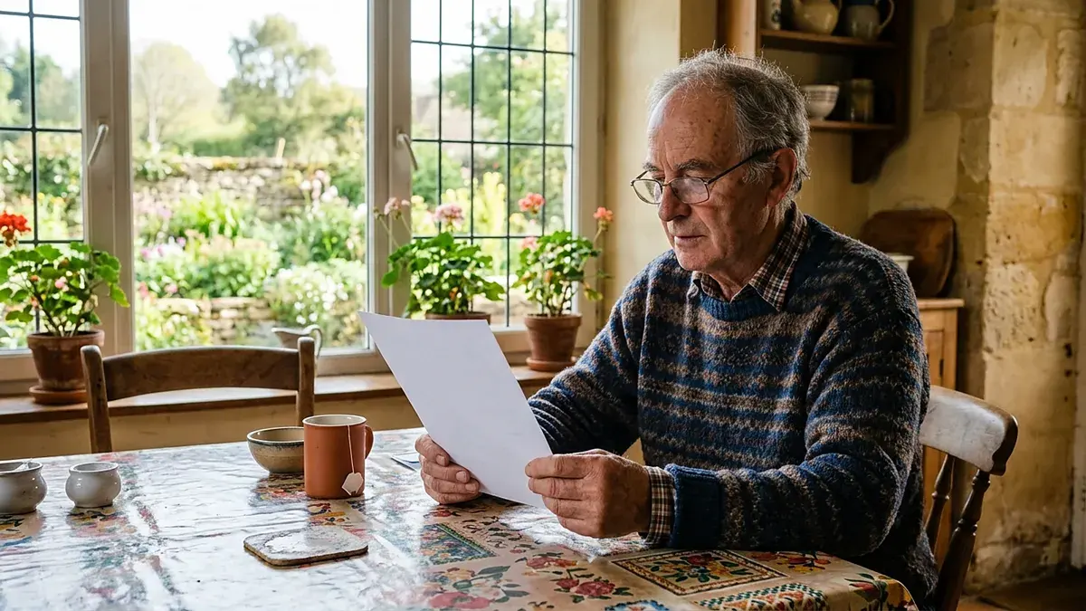 Homme âgé lisant une lettre à la table de sa cuisine