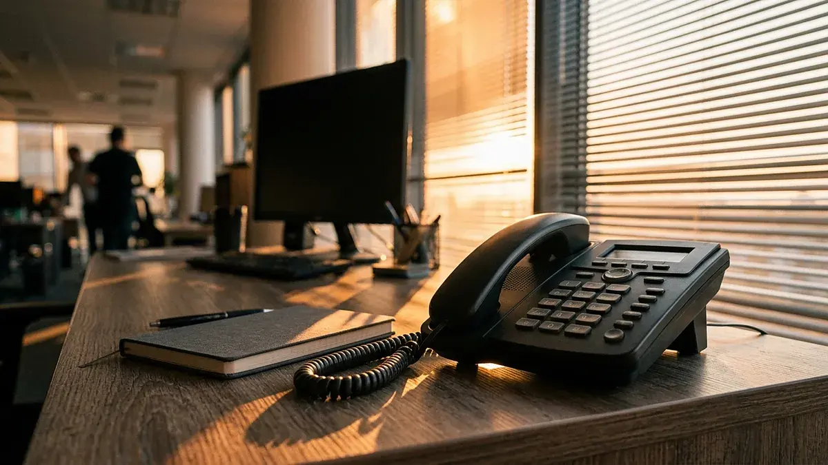 Téléphone fixe posé sur un bureau près d'une fenêtre à stores