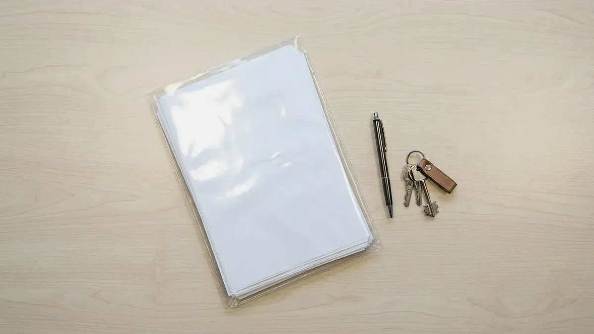 Pochette plastique de documents, stylo et clés posés sur une table