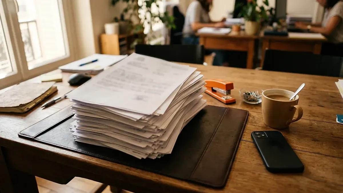 Pile de dossiers de candidature sur un bureau en bois