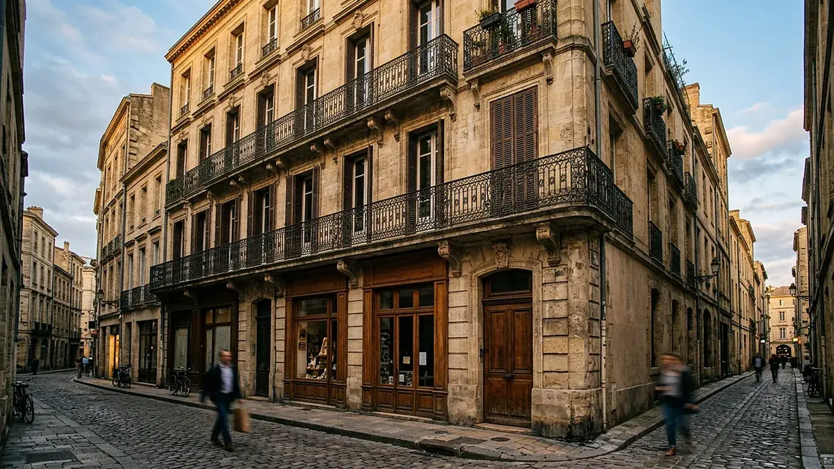 Immeuble ancien en pierre à balcons dans une rue de centre-ville