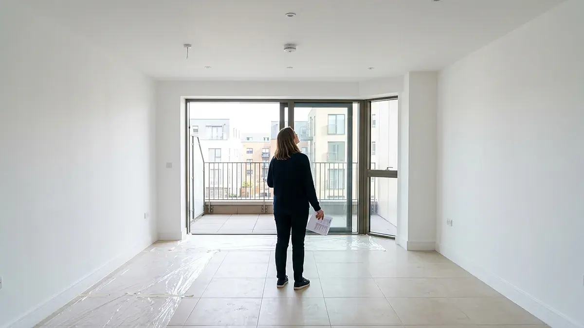 Femme seule debout dans un appartement neuf vide, face à la baie vitrée