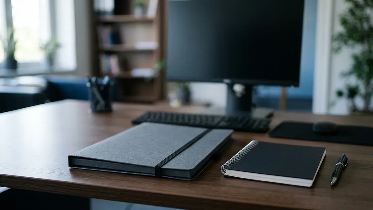 Carnet noir posé sur un bureau devant un écran