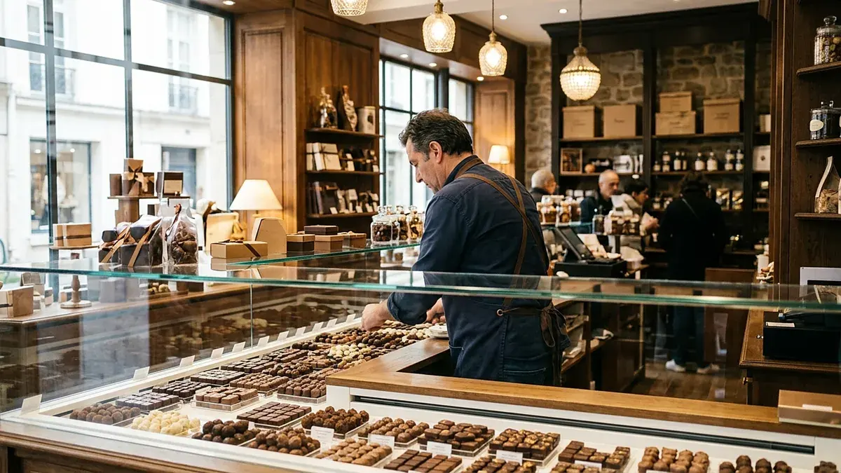Chocolatier derrière le comptoir vitré de sa boutique
