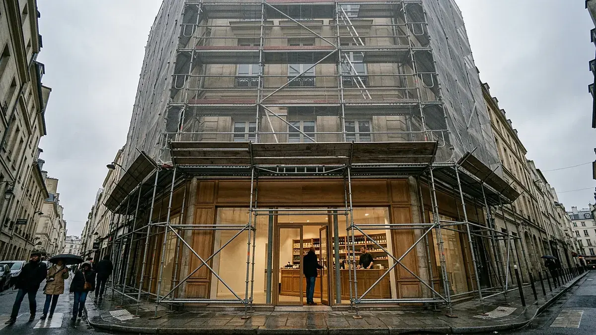 Façade d'immeuble ancien couverte d'échafaudages pour un ravalement