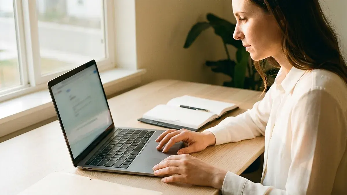 Femme travaillant sur un ordinateur portable posé sur un bureau en bois