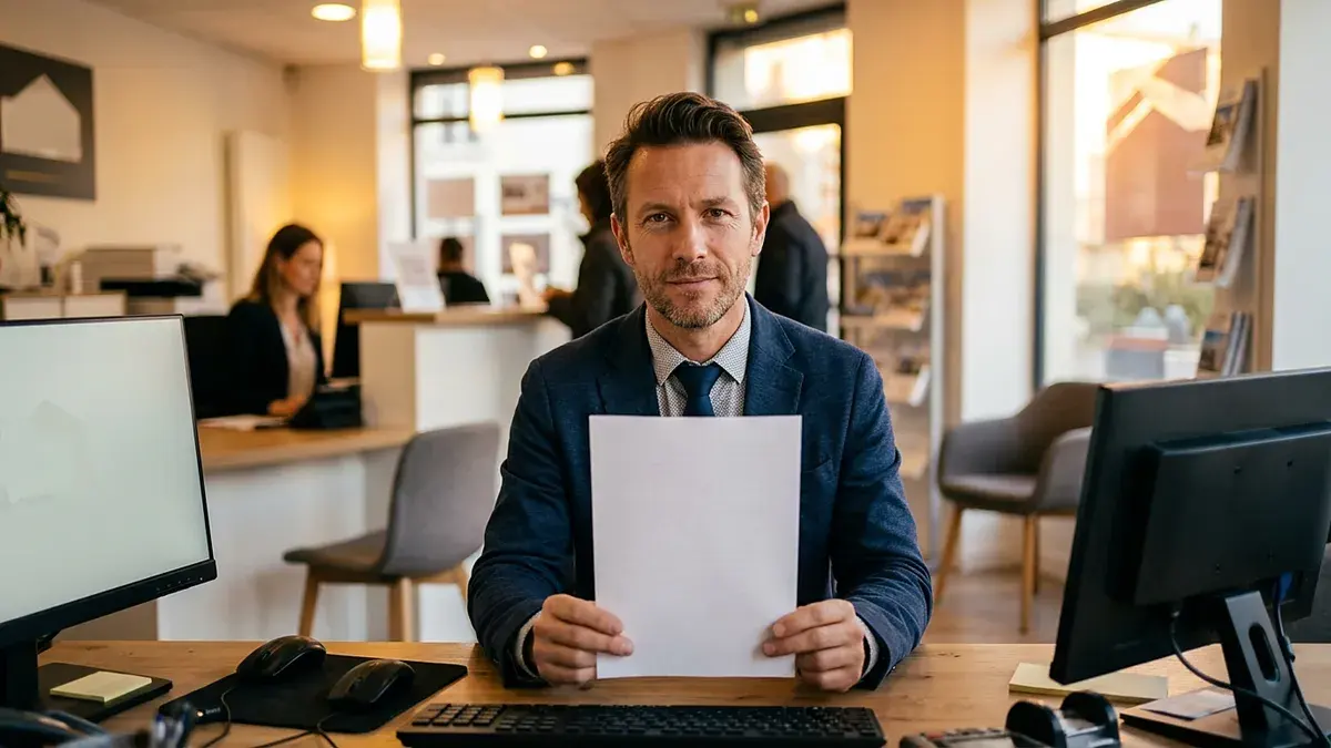 Homme assis à son bureau, une feuille de papier à la main
