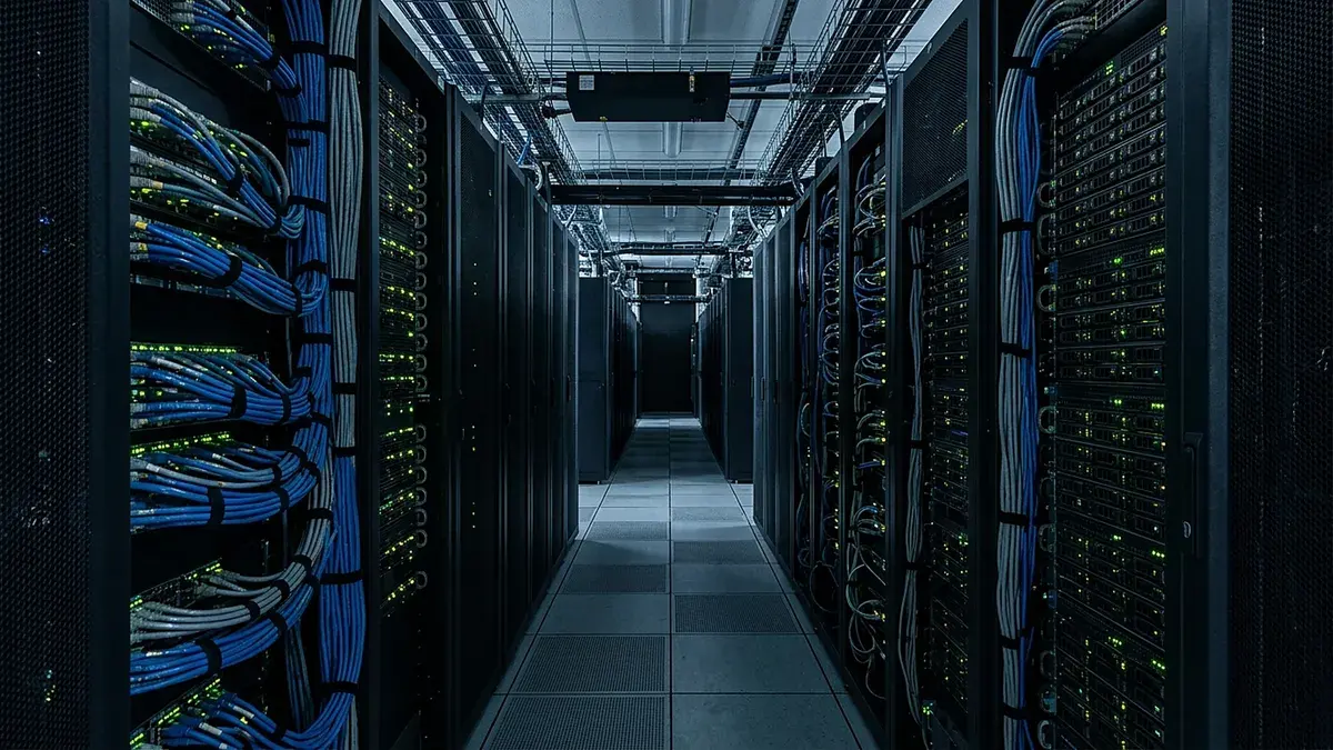 Allée de baies de serveurs informatiques câblées