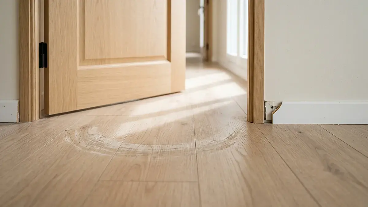 Porte intérieure en bois dont le bas frotte sur le parquet, traces au sol