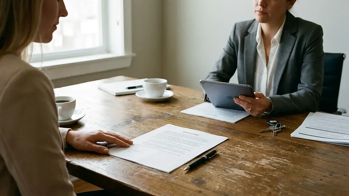 Document posé sur une table, une femme tenant une tablette face à son interlocuteur