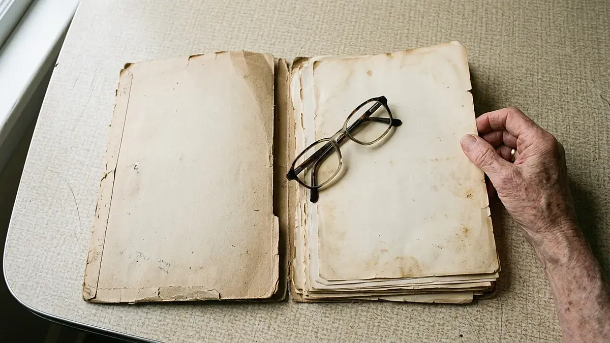 Ancien acte sur papier jauni dans une chemise, une main tenant des lunettes