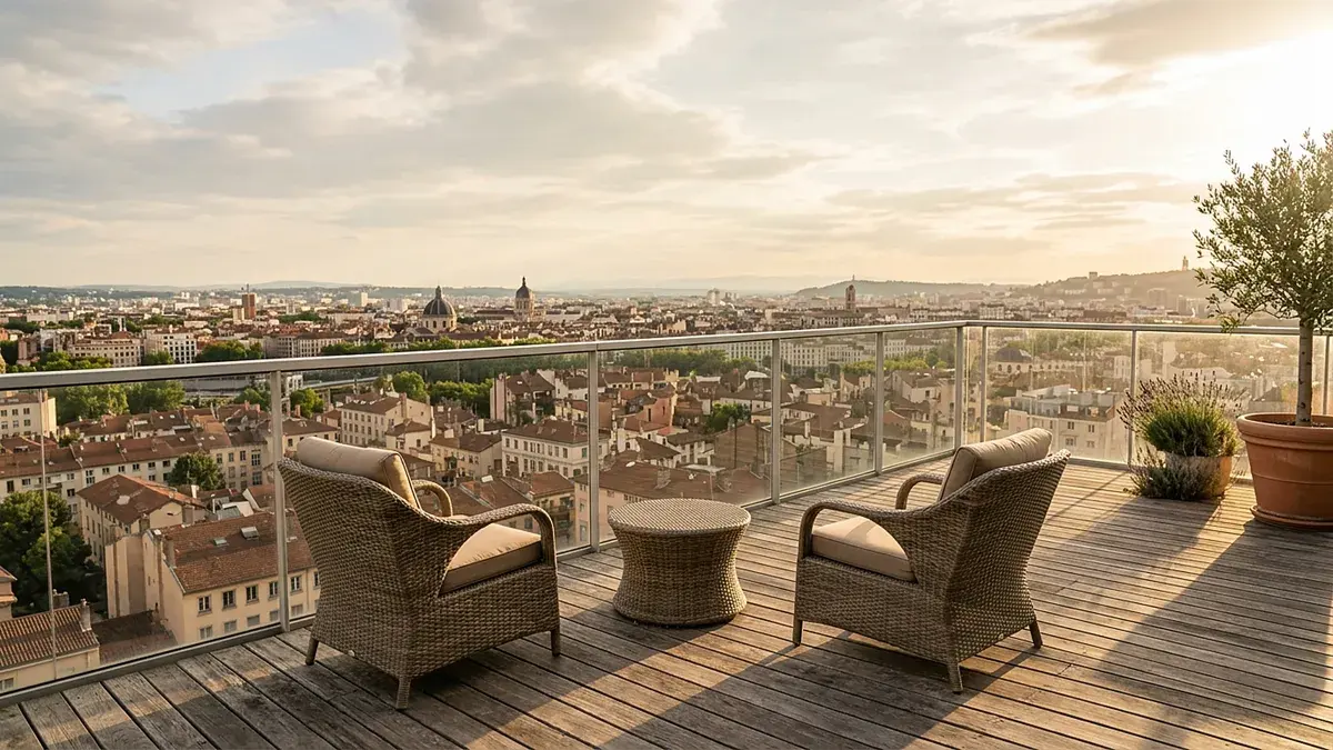 Terrasse meublée dominant une ville au soleil couchant