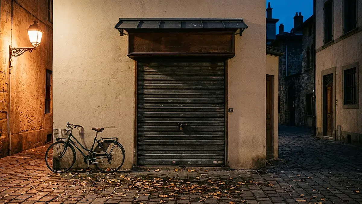Vitrine fermée par un rideau en bois, vélo garé devant, rue éclairée le soir