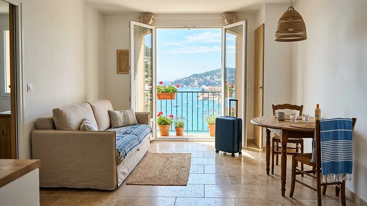 Studio meublé avec balcon ouvert sur la mer, valise près du canapé