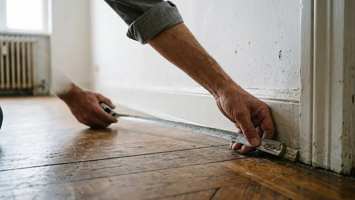Mains tenant un mètre ruban le long d'une plinthe dans un appartement vide