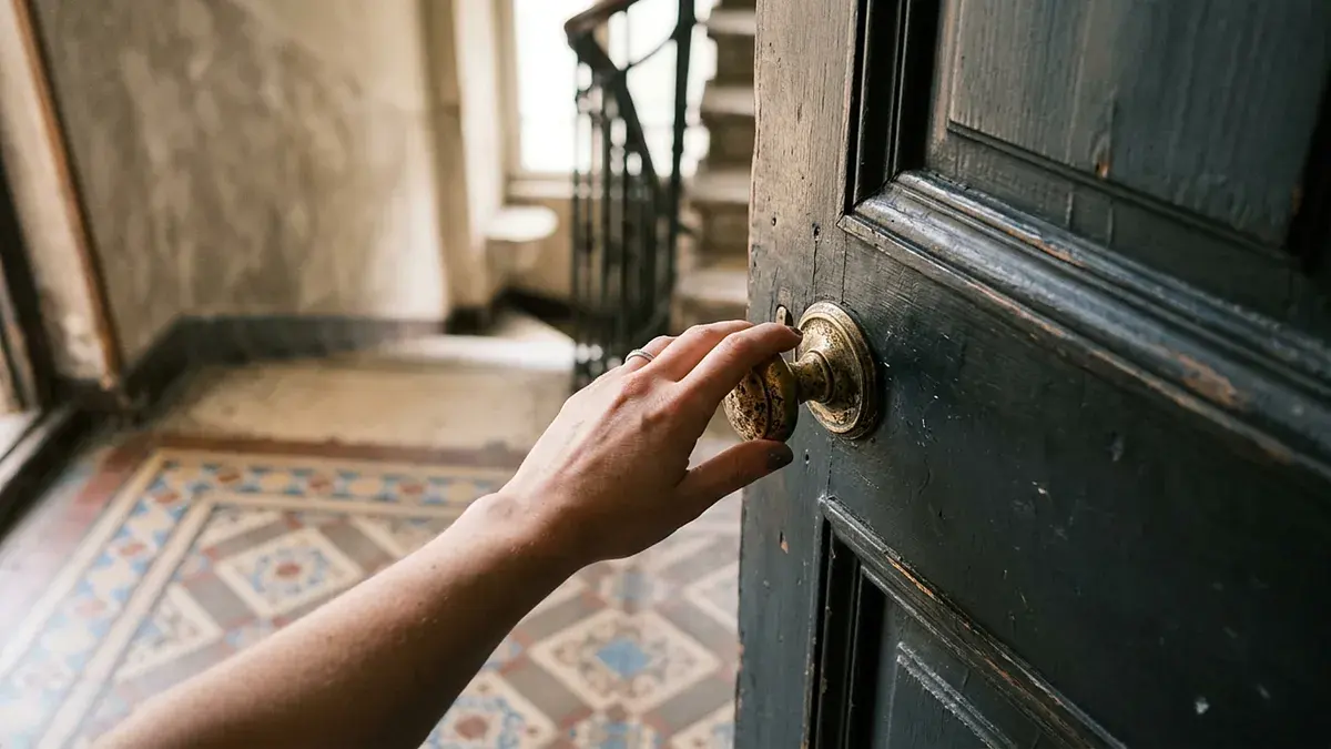 Main sur la poignée d'une porte d'appartement, carrelage ancien au sol