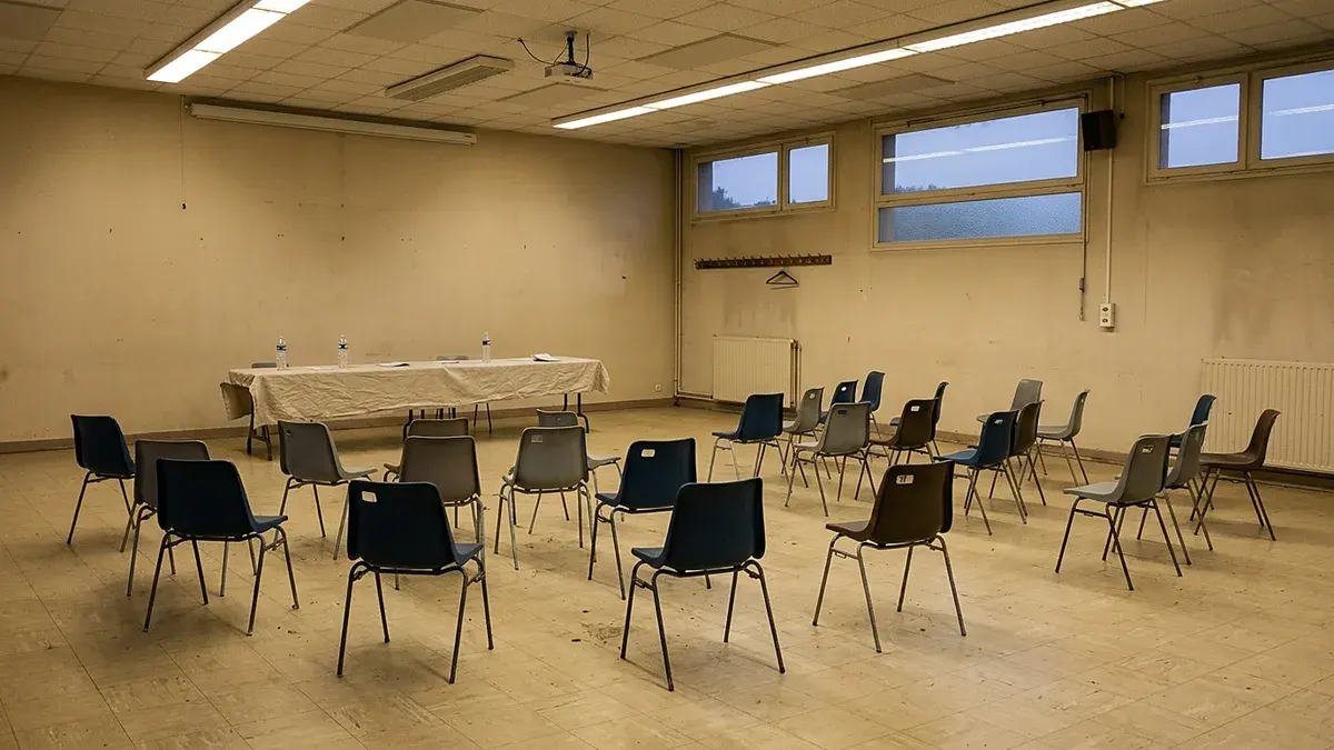Salle de réunion vide avec chaises disposées face à une table
