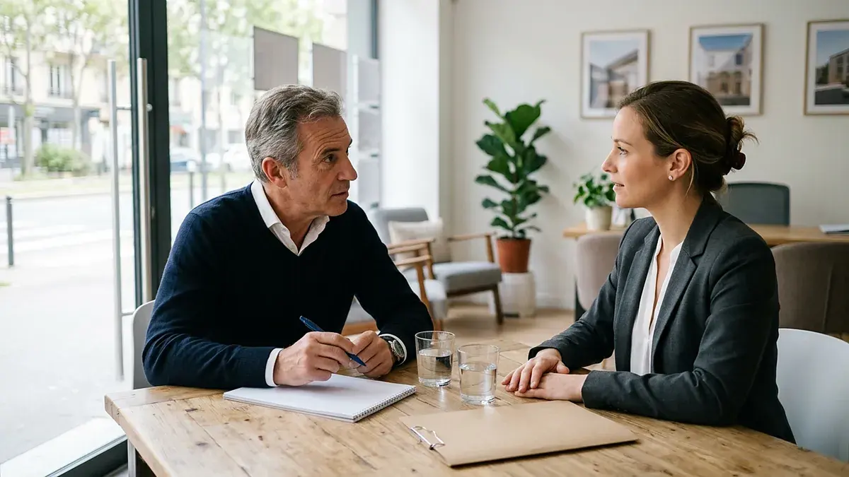 Homme et femme en rendez-vous de part et d'autre d'un bureau