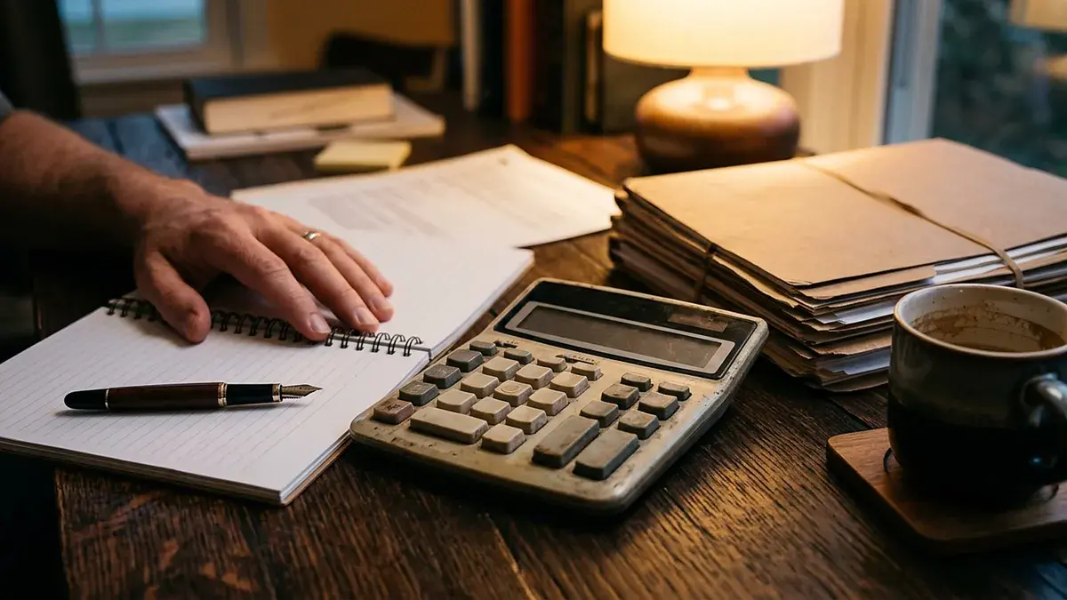 Mains sur des papiers à côté d'une calculatrice, sur une table en bois