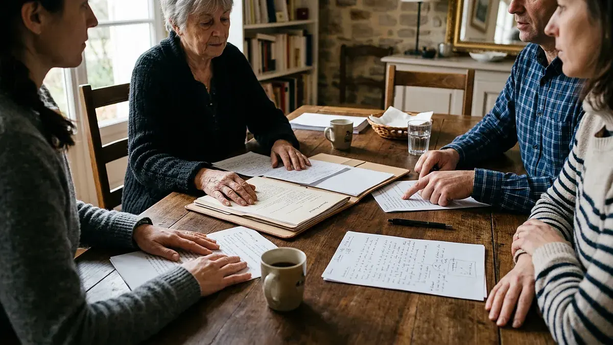 Quatre personnes autour d'une table de salon couverte de papiers