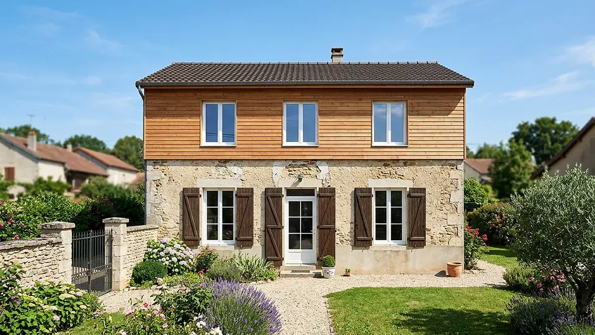 Maison en pierre surélevée d'un étage à bardage bois